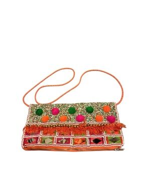 Desi Lyla Colorful Boho Embroidered Orange Crossbody Clutch with Pom-Pom Detail